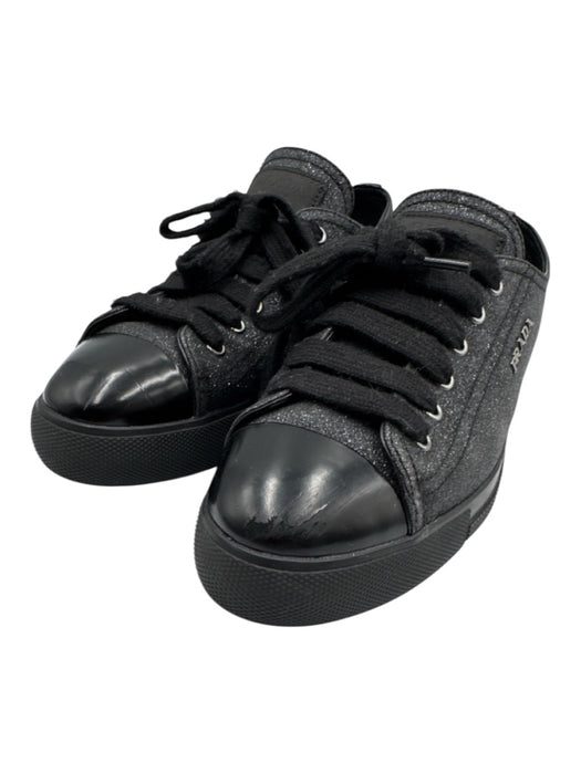Prada Sport Shoe Size 38 Black Leather Glitter Cap Toe Lace Up Low Top Sneakers Black / 38