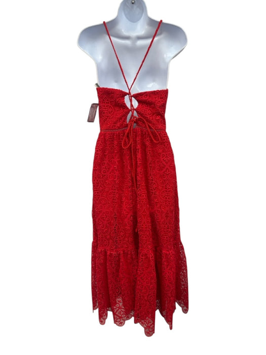 ML Monique Lhuillier Size 4 Red Polyester Lace Overlay Lace Up Midi Dress Red / 4