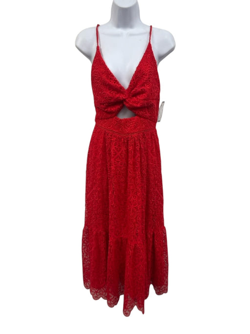 ML Monique Lhuillier Size 4 Red Polyester Lace Overlay Lace Up Midi Dress Red / 4
