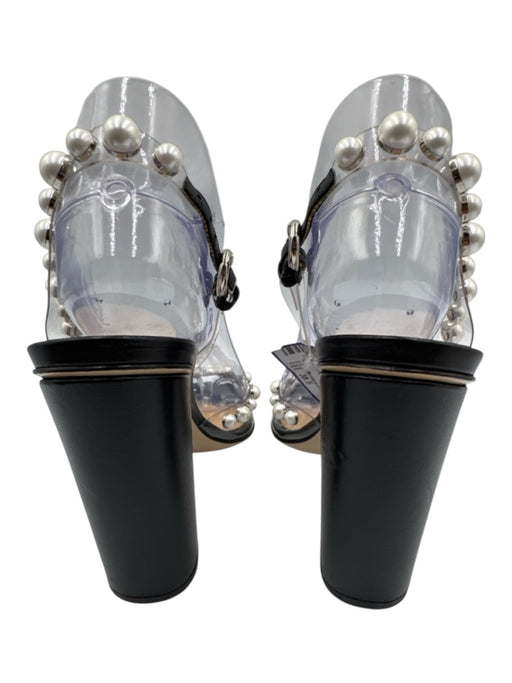 Monique Lhuillier Shoe Size 38.5 Black Leather PVC Faux Pearl Block Heel Sandals Black / 38.5