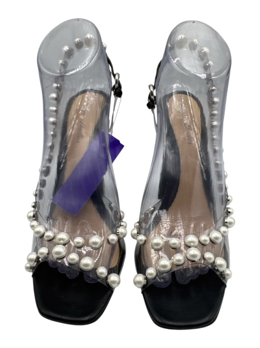 Monique Lhuillier Shoe Size 38.5 Black Leather PVC Faux Pearl Block Heel Sandals Black / 38.5