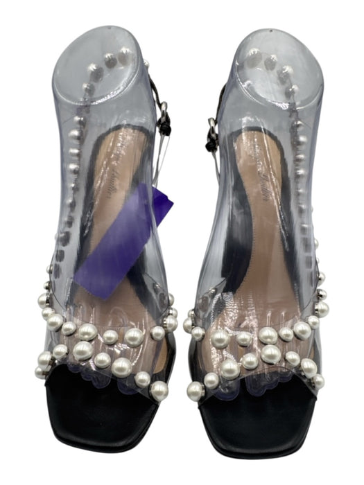 Monique Lhuillier Shoe Size 38.5 Black Leather PVC Faux Pearl Block Heel Sandals Black / 38.5