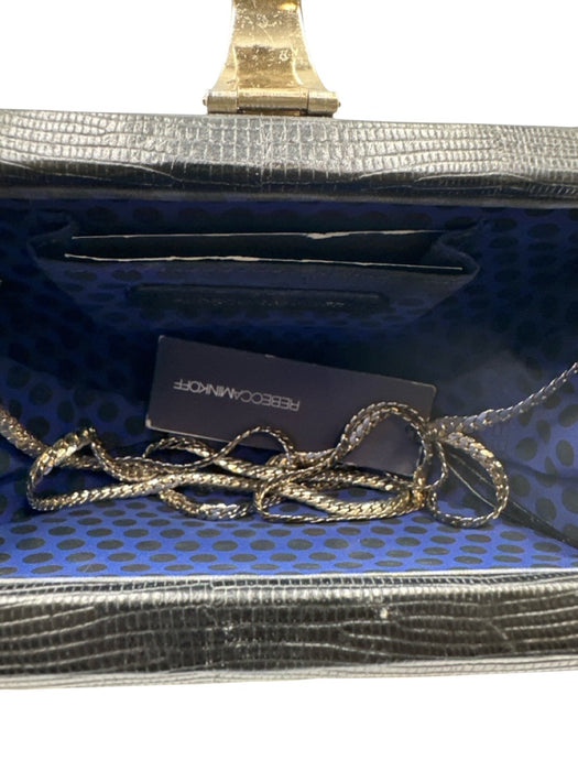 Rebecca Minkoff Black Leather Lizard Embossed Hardcase Optional Strap Clutch Bag Black