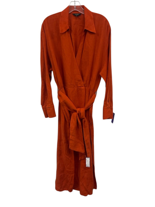 Massimo Dutti Size L Burnt Orange Linen Long Sleeve Wrap Front Collared Dress Burnt Orange / L