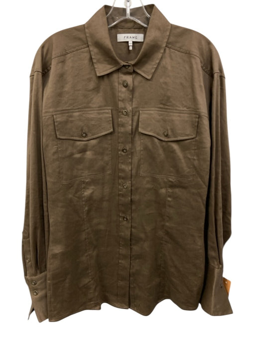 Frame Size M Brown Lyocell & Linen Button Down Front Pocket Long Sleeve Top Brown / M