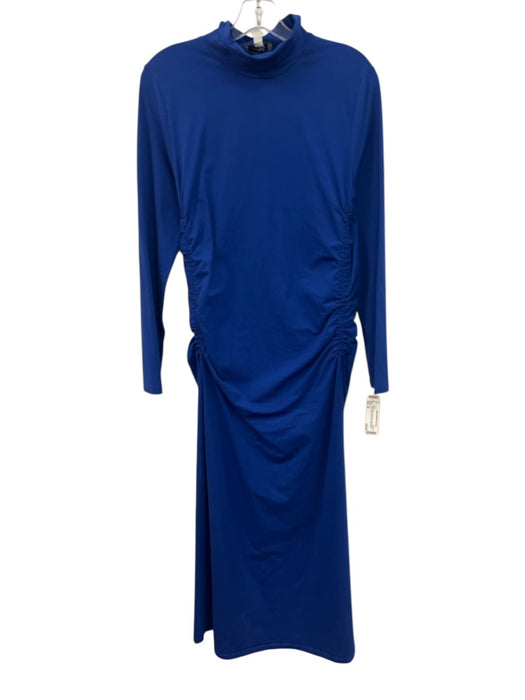 COS Size M Blue Cotton & Spandex Midi Rouched Long Sleeve Mock Neck Dress Blue / M