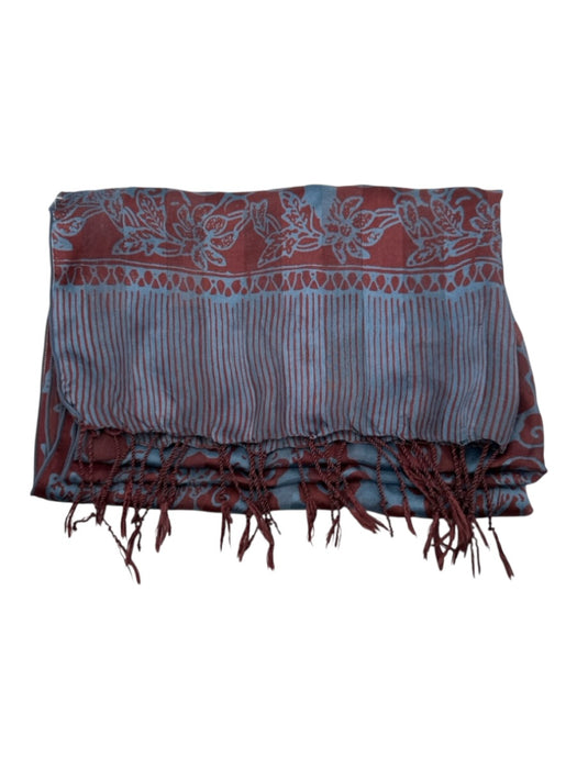 No Brand Blue & Burgundy Silk Tassles Floral scarf Blue & Burgundy