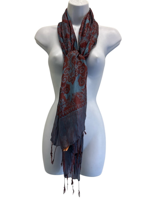 No Brand Blue & Burgundy Silk Tassles Floral scarf Blue & Burgundy