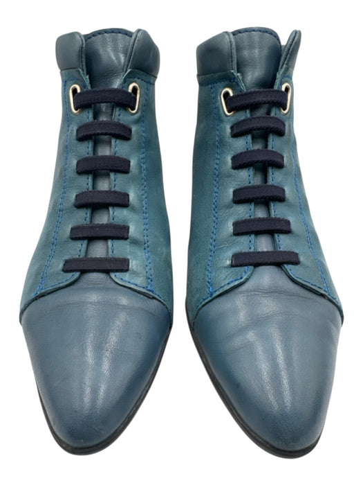 John Fluevog Shoe Size 10.5 Blue Leather Pointed Toe Ankle Boot Laces Shoes Blue / 10.5