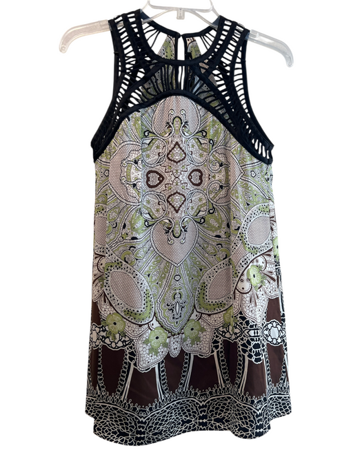Etcetera Size 0 Green black & pink Silk Sleeveless Round Neck Lace Detail Top Green black & pink / 0