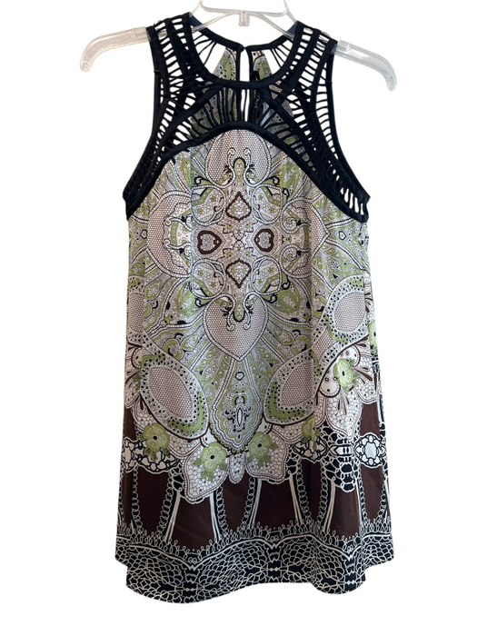 Etcetera Size 0 Green black & pink Silk Sleeveless Round Neck Lace Detail Top Green black & pink / 0