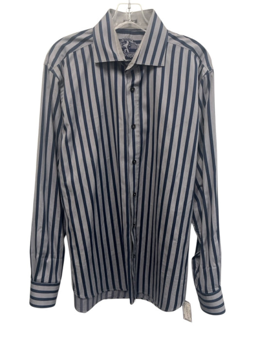Bugatchi Size L Gray & Navy Print Cotton Striped Button up Long Sleeve Shirt Gray & Navy Print / L