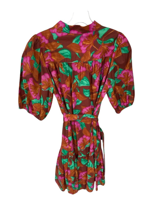Joy Joy Size S Brown & Multi Cotton Button Up Puff Sleeve Belt Inc. Short Dress Brown & Multi / S