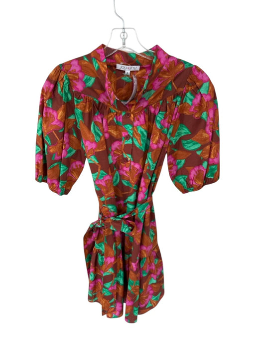 Joy Joy Size S Brown & Multi Cotton Button Up Puff Sleeve Belt Inc. Short Dress Brown & Multi / S