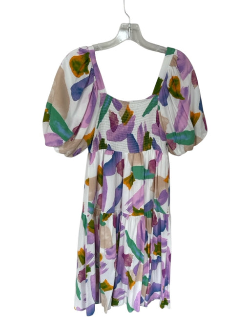 Entro Size S White & Purple Rayon Paint Stroke Square Neck Maxi Dress White & Purple / S