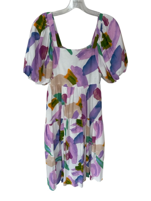 Entro Size S White & Purple Rayon Paint Stroke Square Neck Maxi Dress White & Purple / S