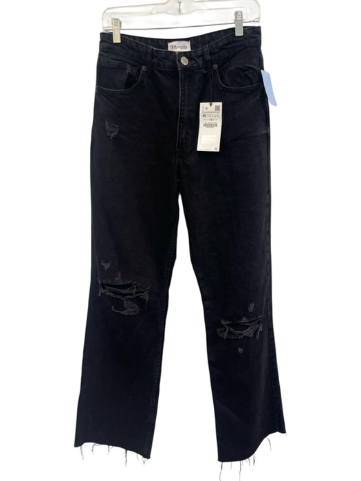 Zara Size 8 Faded Black Cotton Denim High Rise Distressed Wide Leg Jeans Faded Black / 8
