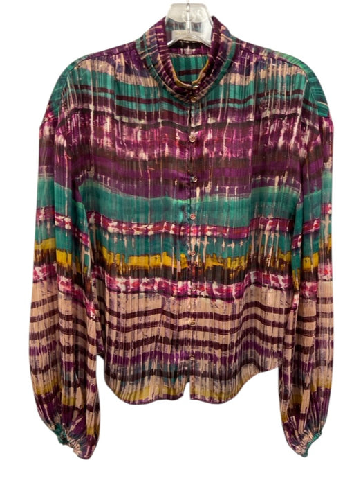 Ramy Brook Size XS Purple, Green, Yellow Polyester Long Sleeve Button Front Top Purple, Green, Yellow / XS