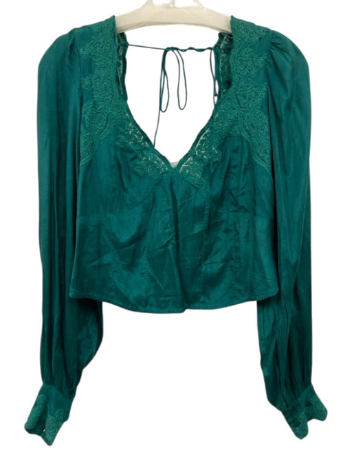 Free People Size Est Small Green Viscose Long puff sleeve Lace Trim Back Tie Top Green / Est Small