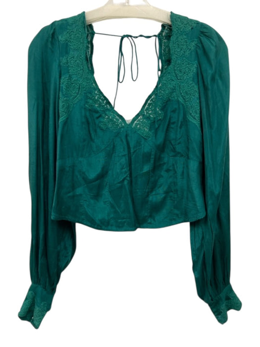 Free People Size Est Small Green Viscose Long puff sleeve Lace Trim Back Tie Top Green / Est Small