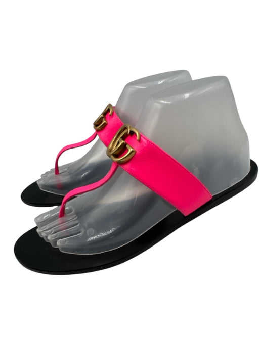 Gucci Shoe Size 39 Black & Pink Leather Loop T Toe Flat Sandals Black & Pink / 39
