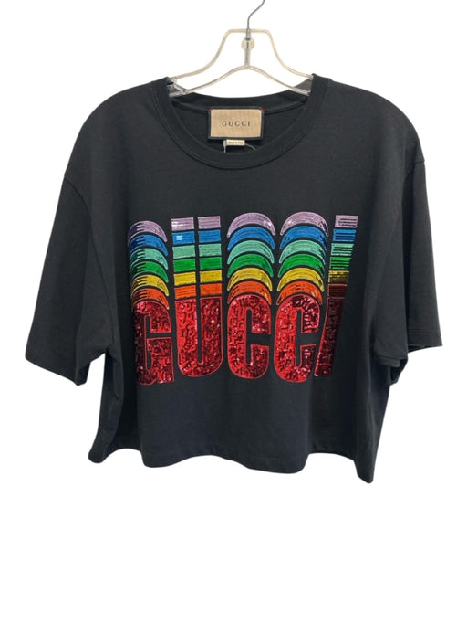 Gucci Size M Black & Multi Cotton Sequin Short Sleeve Rainbow Cropped Top Black & Multi / M