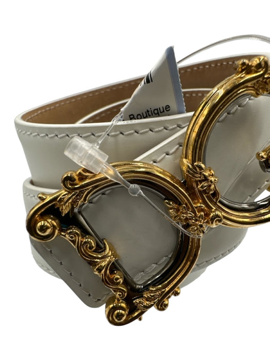 Dolce & Gabbana White Leather Gold Tone Buckle Logo Thin Belts White / 85/34