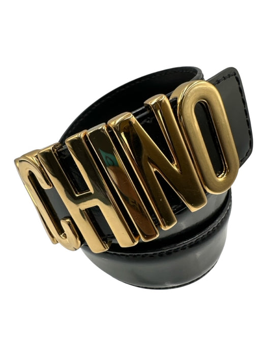 Moschino Black Leather Gold Tone Buckle Logo Shiny Belts Black / 42