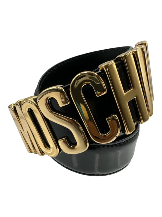 Moschino Black Leather Gold Tone Buckle Logo Shiny Belts Black / 42