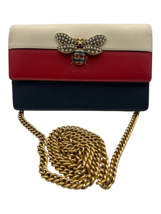 Gucci Cream White, Red & Blue Leather Stripe Bee Flap Top Crossbody Bag Cream White, Red & Blue
