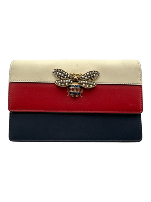 Gucci Cream White, Red & Blue Leather Stripe Bee Flap Top Crossbody Bag Cream White, Red & Blue