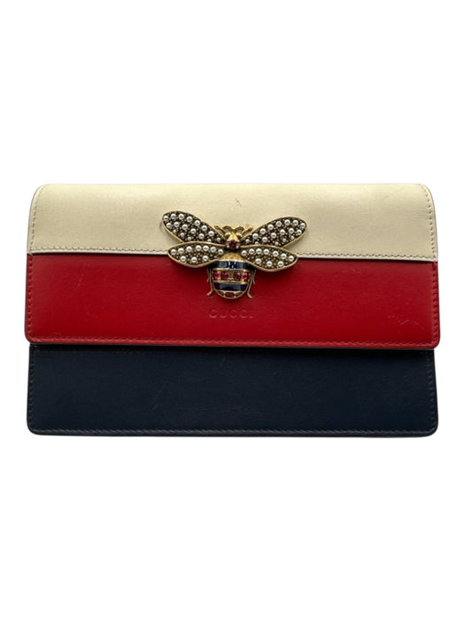 Gucci Cream White, Red & Blue Leather Stripe Bee Flap Top Crossbody Bag Cream White, Red & Blue