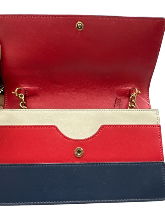 Gucci Cream White, Red & Blue Leather Stripe Bee Flap Top Crossbody Bag Cream White, Red & Blue