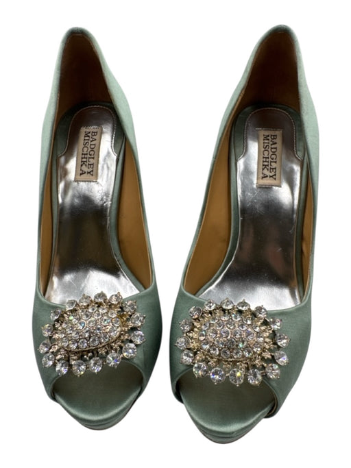 Badgley Mischka Shoe Size 8.5 Mint Green Textile open toe Stiletto Satin Heels Mint Green / 8.5