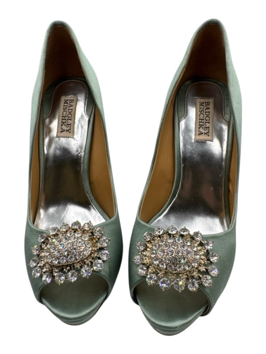 Badgley Mischka Shoe Size 8.5 Mint Green Textile open toe Stiletto Satin Heels Mint Green / 8.5
