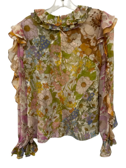 Zimmermann Size 1 Pink, Blue, Green Cotton & Silk Long Ruffle Sleeve Ruffles Top Pink, Blue, Green / 1