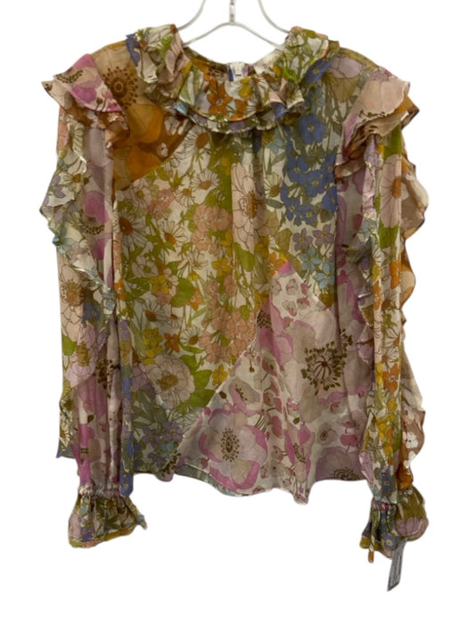 Zimmermann Size 1 Pink, Blue, Green Cotton & Silk Long Ruffle Sleeve Ruffles Top Pink, Blue, Green / 1