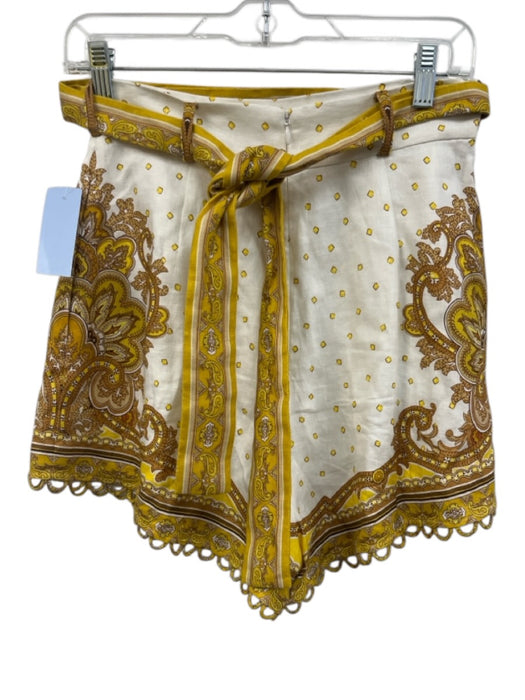 Zimmermann Size 1 White, Gold, Brown Linen High Rise Floral Pleated Shorts White, Gold, Brown / 1