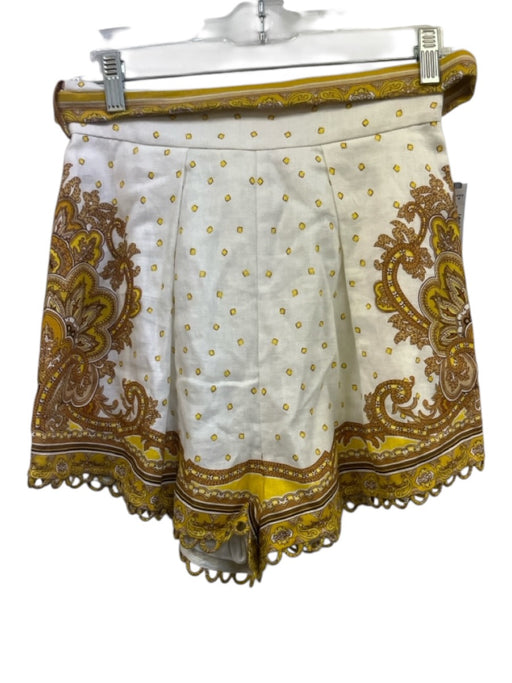 Zimmermann Size 1 White, Gold, Brown Linen High Rise Floral Pleated Shorts White, Gold, Brown / 1