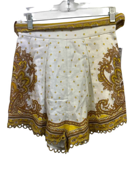 Zimmermann Size 1 White, Gold, Brown Linen High Rise Floral Pleated Shorts White, Gold, Brown / 1