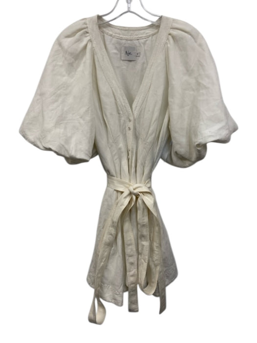 Aje. Size 6 Cream White Linen Blend Short Balloon Sleeve Pleated Midi Dress Cream White / 6