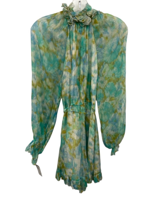 Zimmermann Size 0 Blue, Green, Yellow Silk Long Sleeve Abstract Print Romper Blue, Green, Yellow / 0