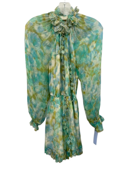 Zimmermann Size 0 Blue, Green, Yellow Silk Long Sleeve Abstract Print Romper Blue, Green, Yellow / 0