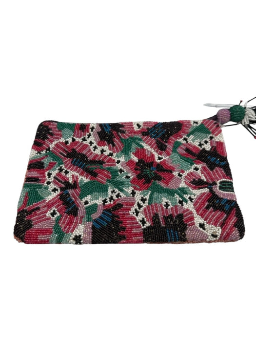 Anthropologie Pink & Purple Beaded Cloth Floral Tassel Pouch Clutch Pink & Purple