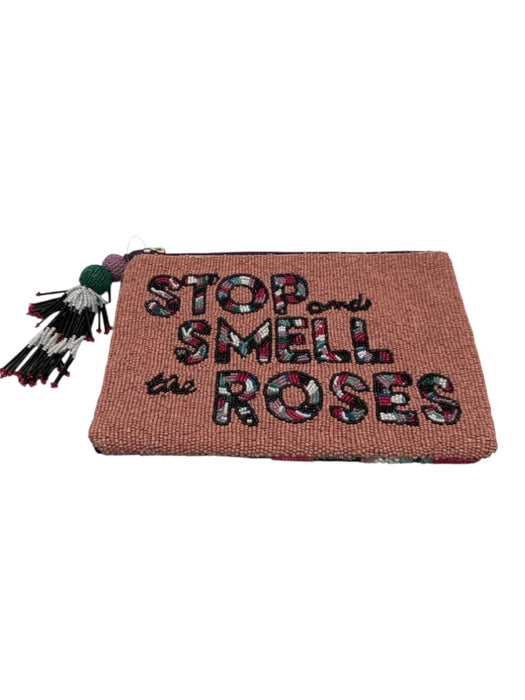 Anthropologie Pink & Purple Beaded Cloth Floral Tassel Pouch Clutch Pink & Purple
