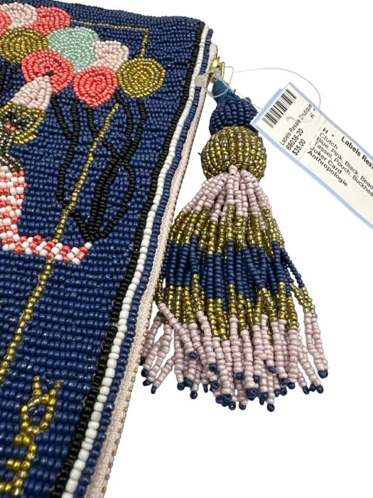 Anthropologie Blue, Pink, Black Beaded Cloth People Tassel Pouch Clutch Blue, Pink, Black