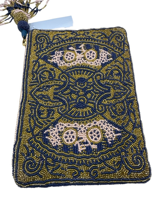 Anthropologie Blue, Pink, Black Beaded Cloth People Tassel Pouch Clutch Blue, Pink, Black