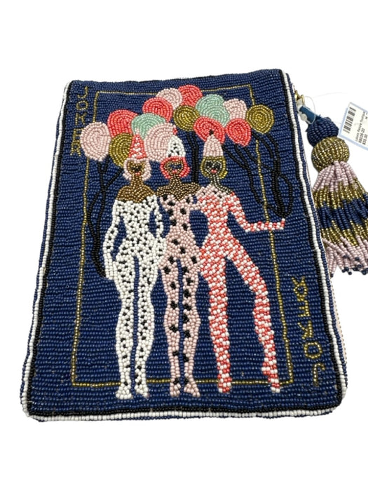 Anthropologie Blue, Pink, Black Beaded Cloth People Tassel Pouch Clutch Blue, Pink, Black