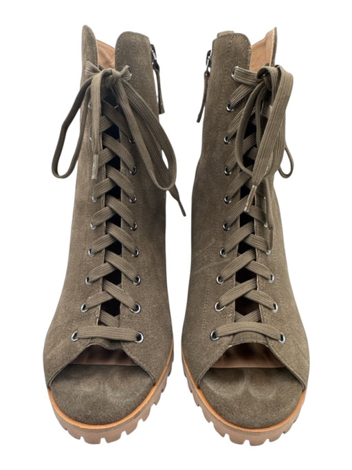 Paolo Shoe Size 11 Olive Taupe Suede Lace Up Peep Toe Wedge Ankle Booties Olive Taupe / 11