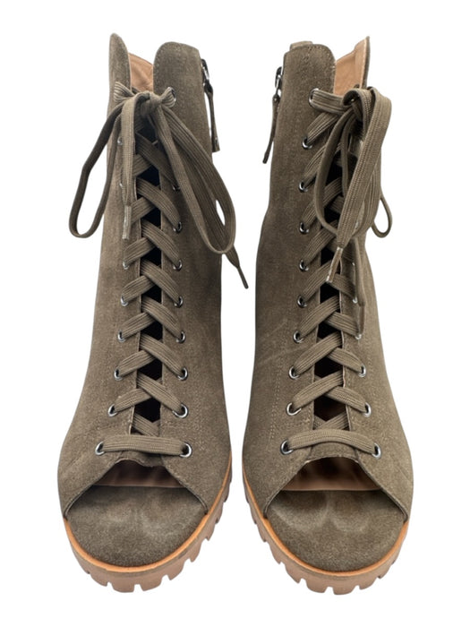 Paolo Shoe Size 11 Olive Taupe Suede Lace Up Peep Toe Wedge Ankle Booties Olive Taupe / 11